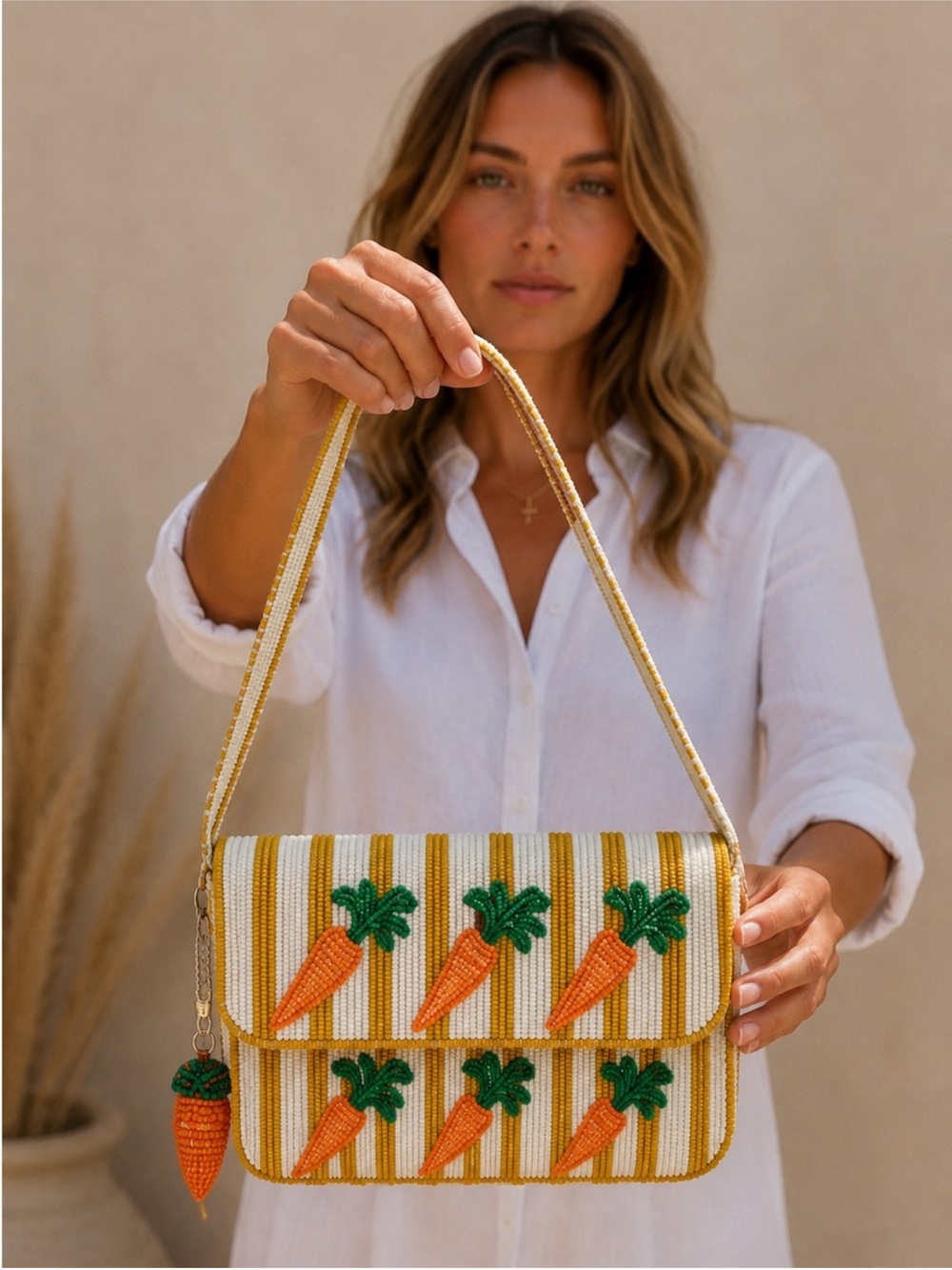 NWT | India Hand Beaded Carrot Stripe Shoulder Bag